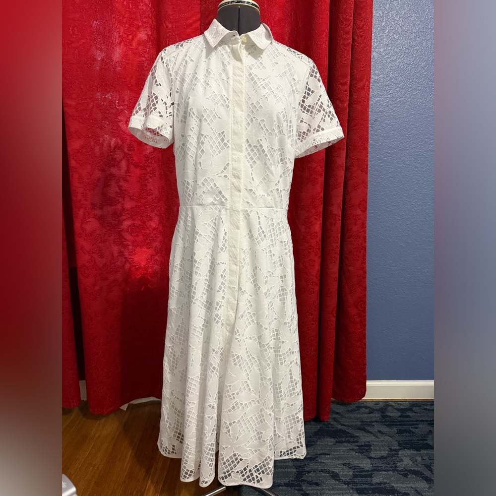 NWT Ann Taylor 8 Tall White Lace Overlay Short Sleeve Midi Dress